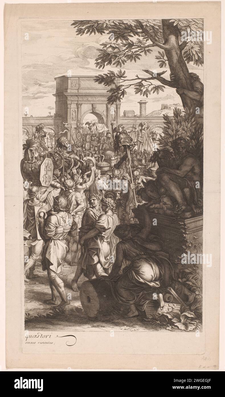 Triumphocht van Constantijn (quatrième partie), Gérard Audran, d'après Charles le Brun, imprimeur 1666 : Franceéditeur : ParisFrance gravure sur papier / gravure l'empereur romain Constantin le Grand ; attributs possibles : couronne, sceptre, standard (labarum) avec monogramme chi-rho ou croix - apothéose, gloire, triomphe de saint mâle Banque D'Images