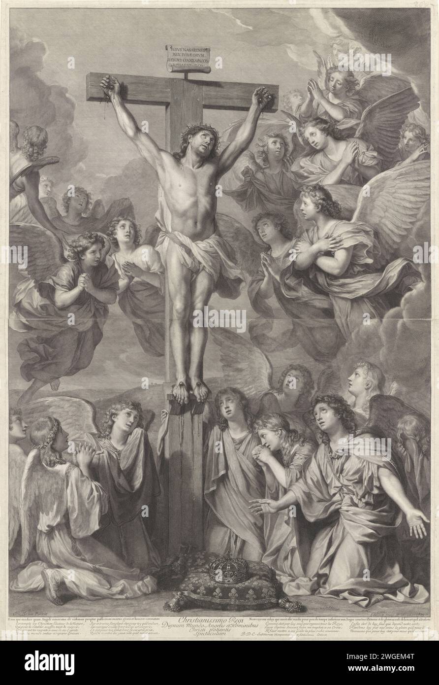 Christ sur la Croix, Gérard Edelinck, d'après Charles le Brun, 1666 - 1707 impression Une estampe en deux parties, représentant le Christ sur la croix, entouré d'anges. Au premier plan, sur un oreiller, la couronne française. Sous le spectacle une inscription en latin et en français. Imprimeur : Parisafter peinture par : Pariséditor : ParisFrance gravure sur papier la crucifixion du Christ : la mort du Christ sur la croix ; Golgotha (Matthieu 27:45-45, Marc 15:44-58, Luc 23:33-52, Jean 19:25-38) (+ ange(s)) Banque D'Images