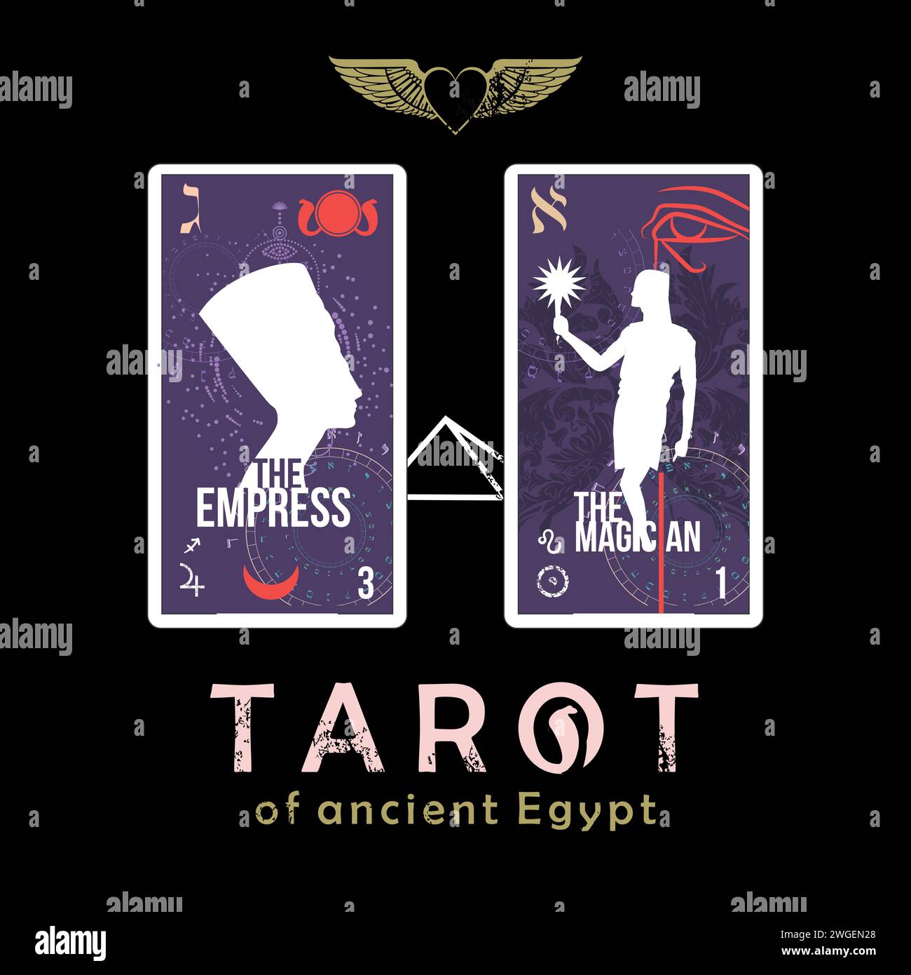 Tarot de l'Egypte ancienne. T-shirt design des cartes appelé l'impératrice et le Magicien sur un fond noir. Coeur ailé Illustration de Vecteur