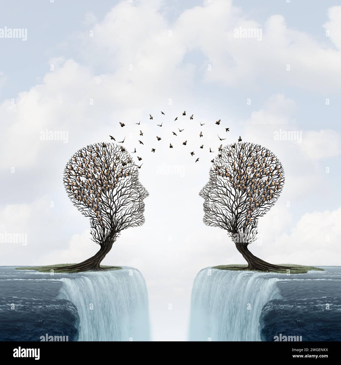 Surmonter les obstacles à la communication concept et défis dans la communication d'un message entre deux arbres en forme de tête avec des oiseaux volant l'un vers l'autre Banque D'Images