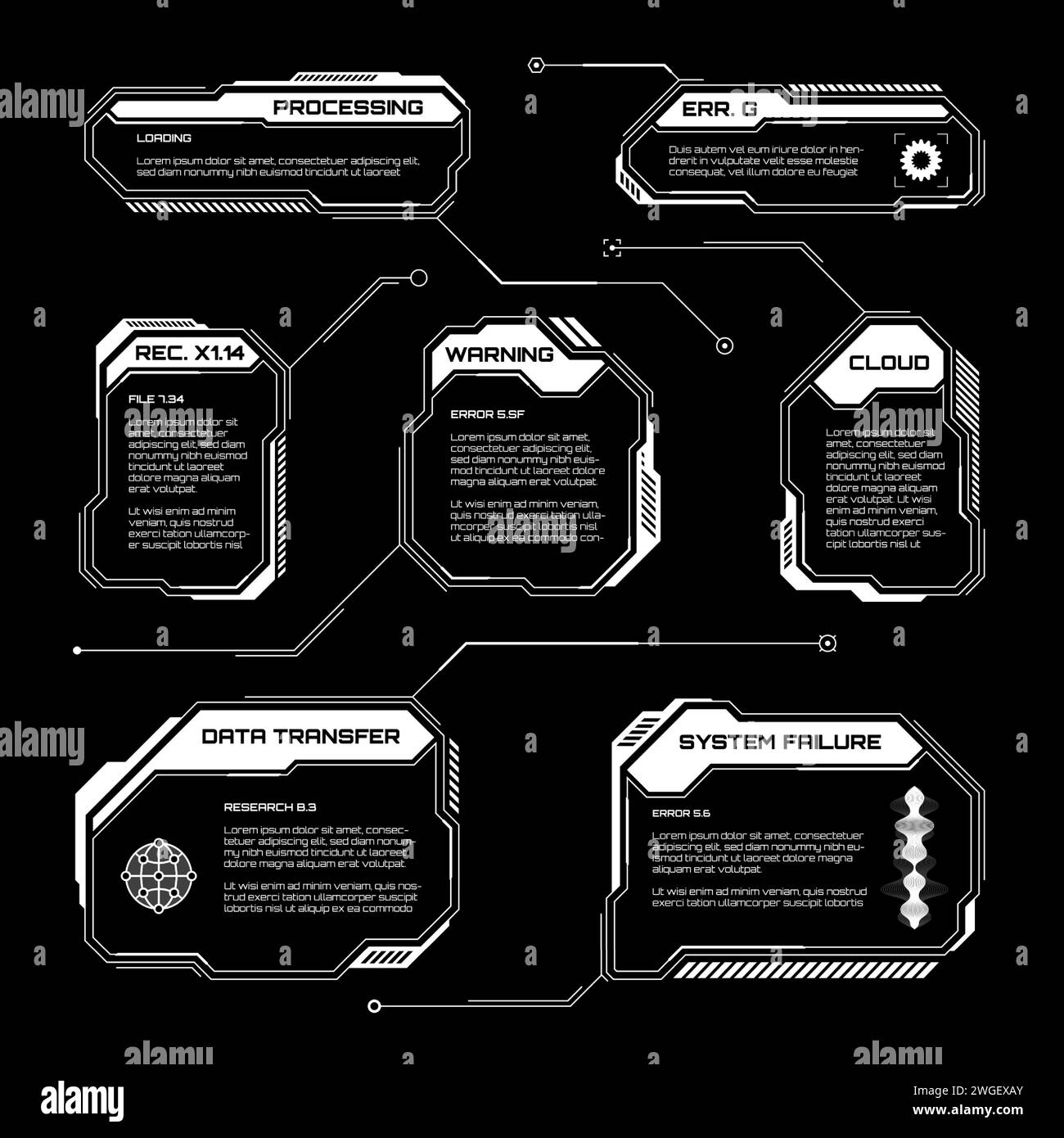 HUD futuriste blanc, éléments UI. Zones de texte et légendes de l'interface utilisateur SCI-fi. Cadres de message d'avertissement, modèle de boîtes d'information. Jeu moderne Illustration de Vecteur
