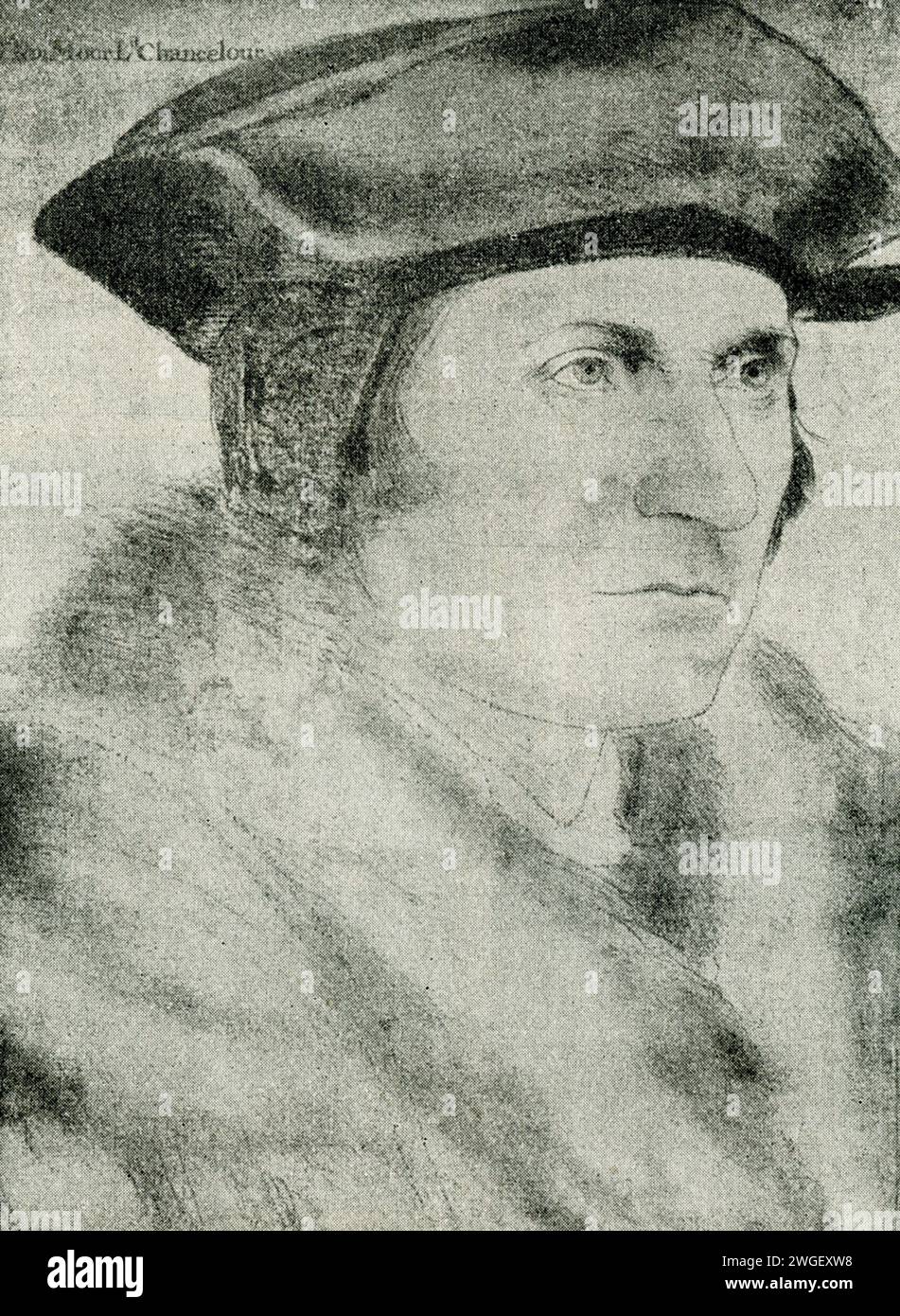 Cette peinture de Thomas Moore a été réalisée par Hans Hokbein et est conservée au château de Windsor en Angleterre. Sir Thomas More était un avocat anglais, juge, philosophe social, auteur, homme d'État, et a noté humaniste de la Renaissance. Il a également servi Henri VIII en tant que Lord High Chancelier d'Angleterre d'octobre 1529 à mai 1532. Hans Holbein le Jeune (mort en 1543) était un peintre et graveur germano-suisse qui a travaillé dans un style de la Renaissance du Nord, et est considéré comme l'un des plus grands portraitistes du 16e siècle. Banque D'Images