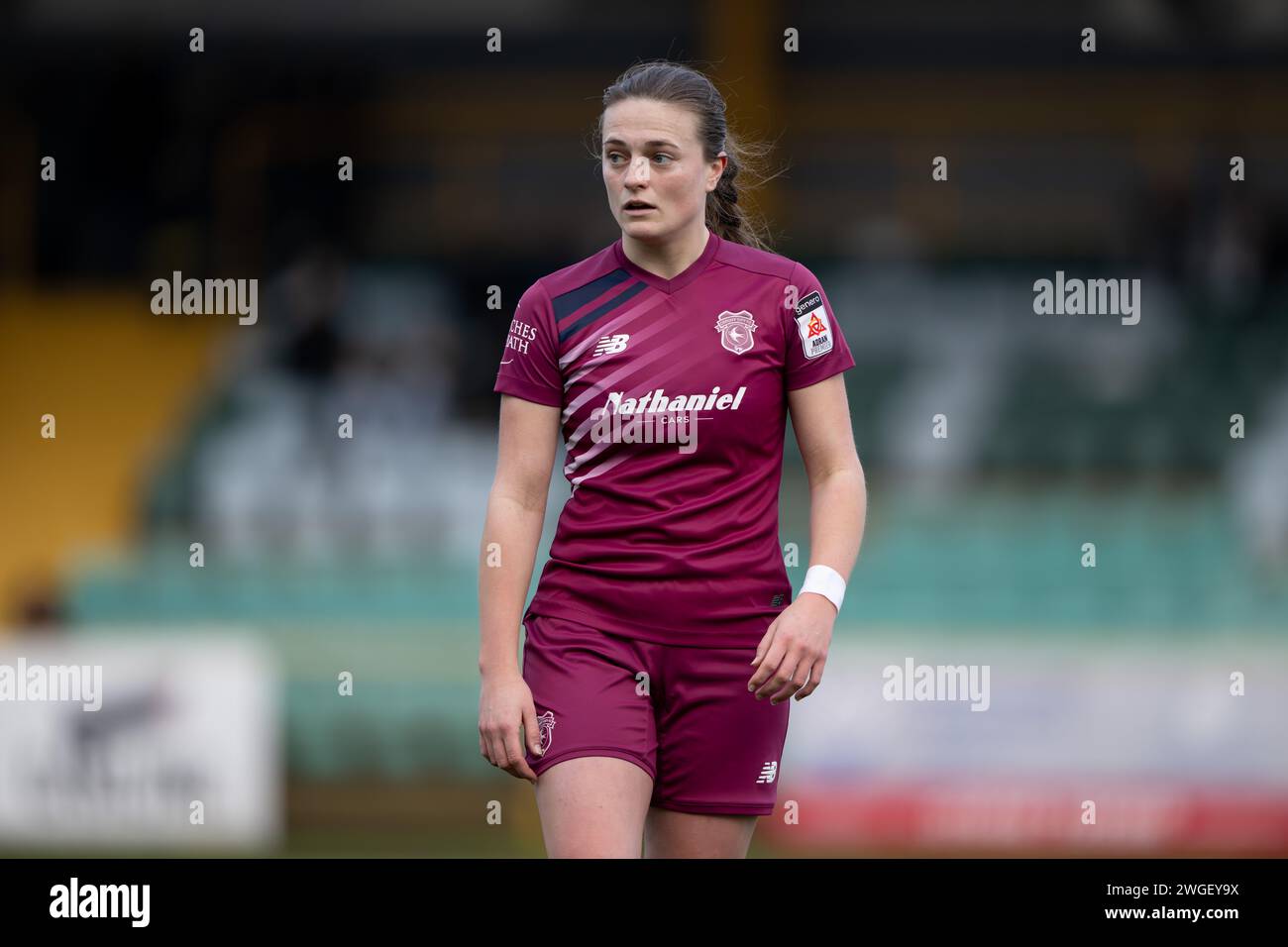 Barry, Royaume-Uni. 4 février 2024. Ffion Prix de Cardiff City Women lors du Genero Adrian Premier Match entre Barry Town United Women et Cardiff City Women au Jenner Park Stadium à Barry le 4 février 2024. Cette image ne peut être utilisée qu'à des fins éditoriales. Usage éditorial uniquement. Crédit : Ashley Crowden/Alamy Live News Banque D'Images