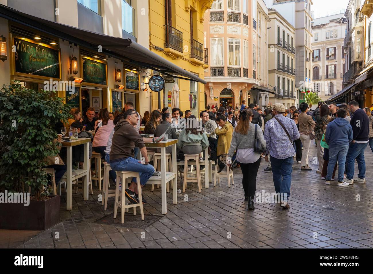 Malaga Espagne, terrasse animée dans le centre historique avec des gens assis à un Bar, Malaga, Andalousie, Espagne, Europe Banque D'Images