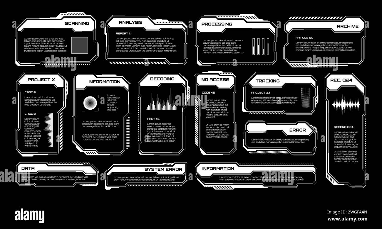 HUD futuriste blanc, éléments UI. Zones de texte et légendes de l'interface utilisateur SCI-fi. Cadres de message d'avertissement, modèle de boîtes d'information. Jeu moderne Illustration de Vecteur