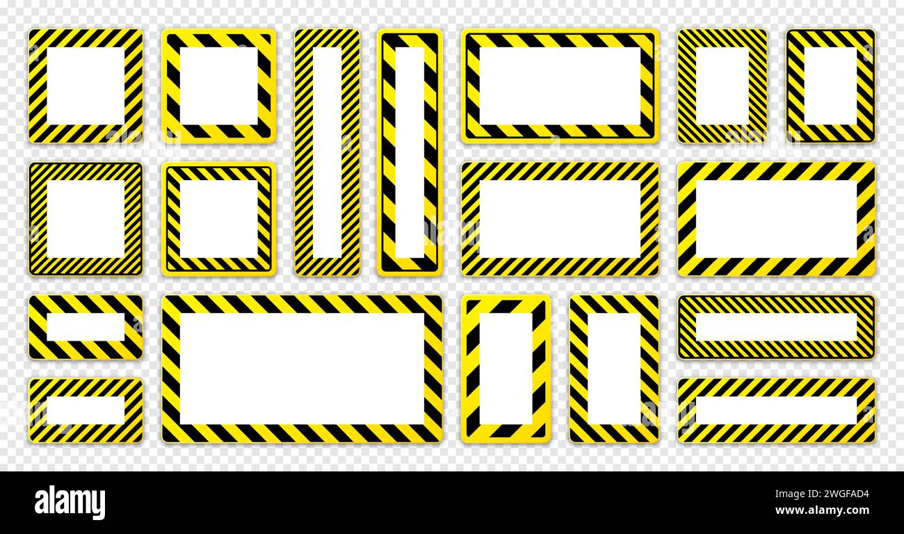 Divers panneaux d'avertissement vierges avec des lignes diagonales. Panneau rouge attention, danger ou attention, signalisation du chantier de construction. Panneau d'avis réaliste, avertissement Illustration de Vecteur