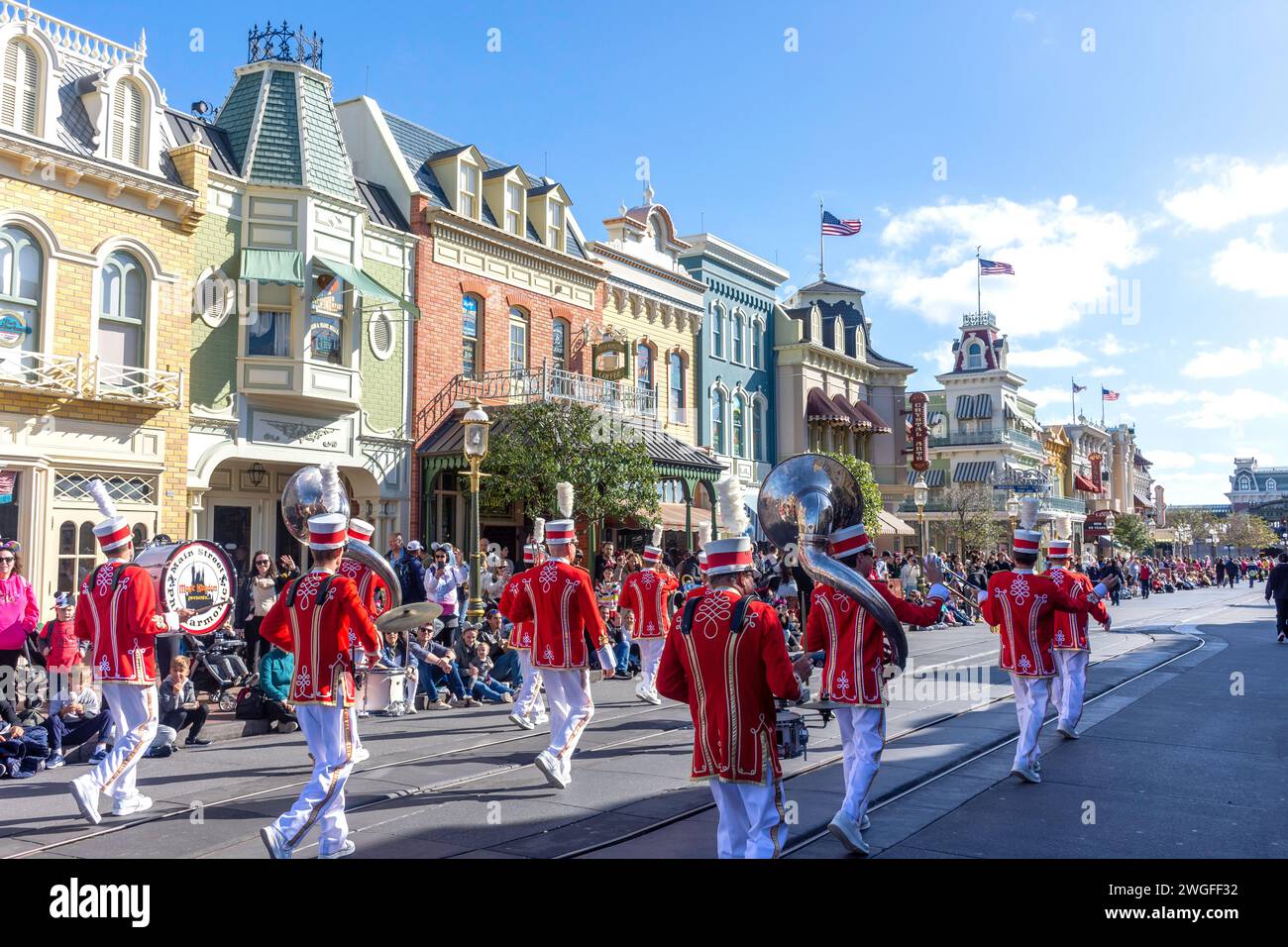Philharmonic Band on main, Street U.S.A, Fantasyland, Magic Kingdom, Walt Disney World Resort, Orange County, Orlando, Floride, États-Unis d'Amérique Banque D'Images