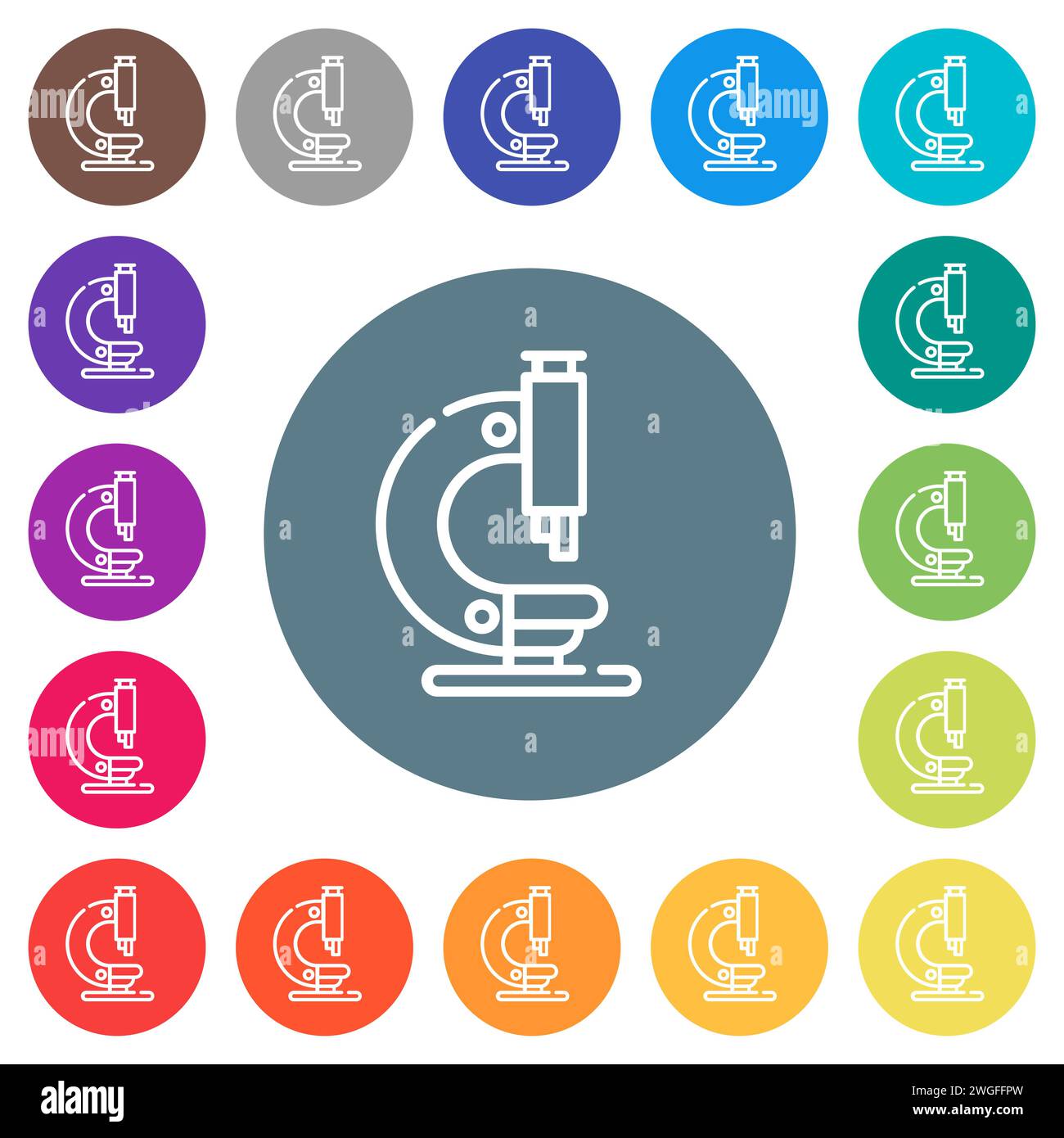 Le microscope délimite des icônes blanches plates sur des arrière-plans de couleur ronds. 17 variations de couleur d'arrière-plan sont incluses. Illustration de Vecteur