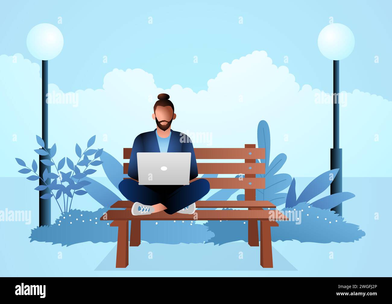 Jeune homme assis sur un banc en bois dans le parc tout en travaillant avec un ordinateur portable, illustration vectorielle Illustration de Vecteur