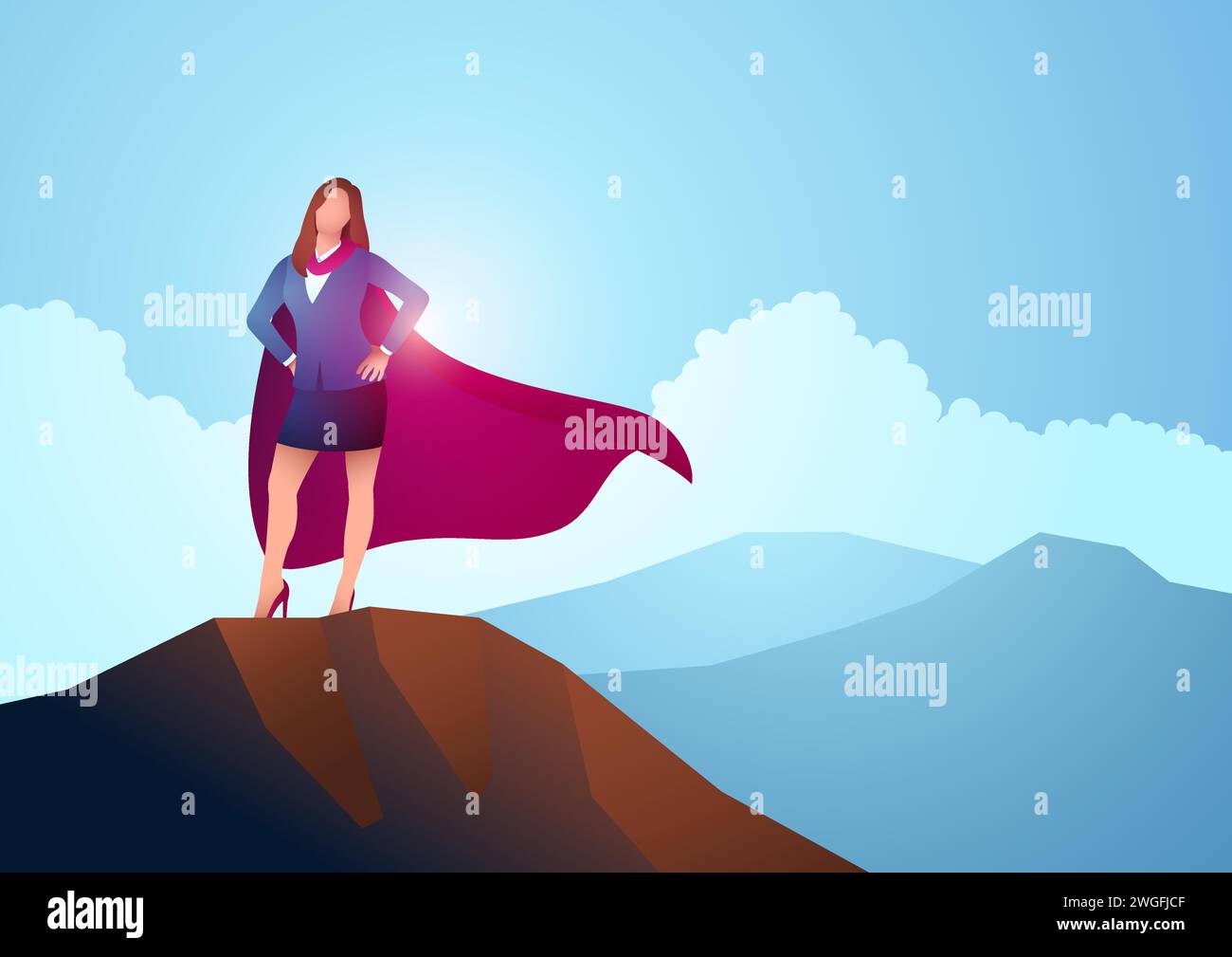 Femme d'affaires comme un super-héros debout sur le sommet d'une montagne, accomplissement, détermination, conquérir les obstacles, illustration vectorielle Illustration de Vecteur