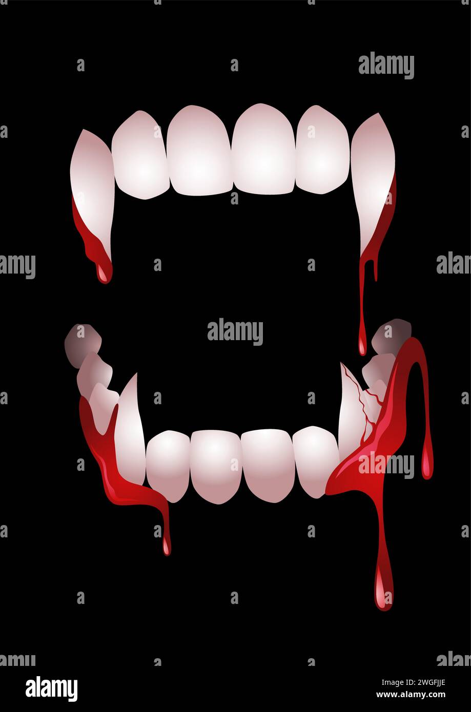 Illustration vectorielle de dents sanglantes de vampire sur fond noir, Halloween, thème d'horreur Illustration de Vecteur