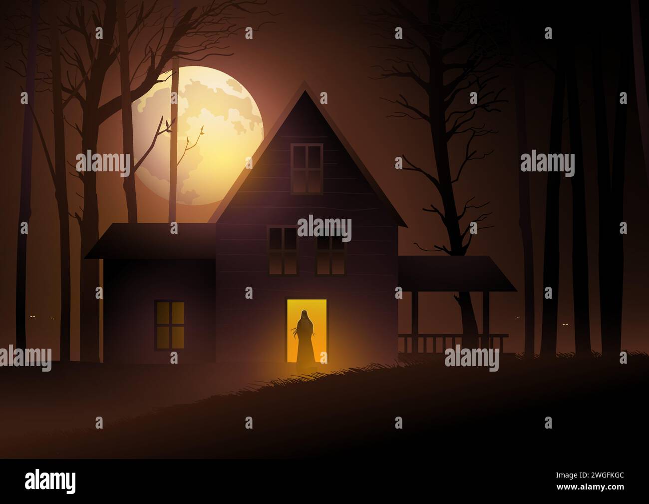 Femme mystérieuse debout devant la porte effrayante de la maison, horreur et thème d'halloween, illustration vectorielle Illustration de Vecteur