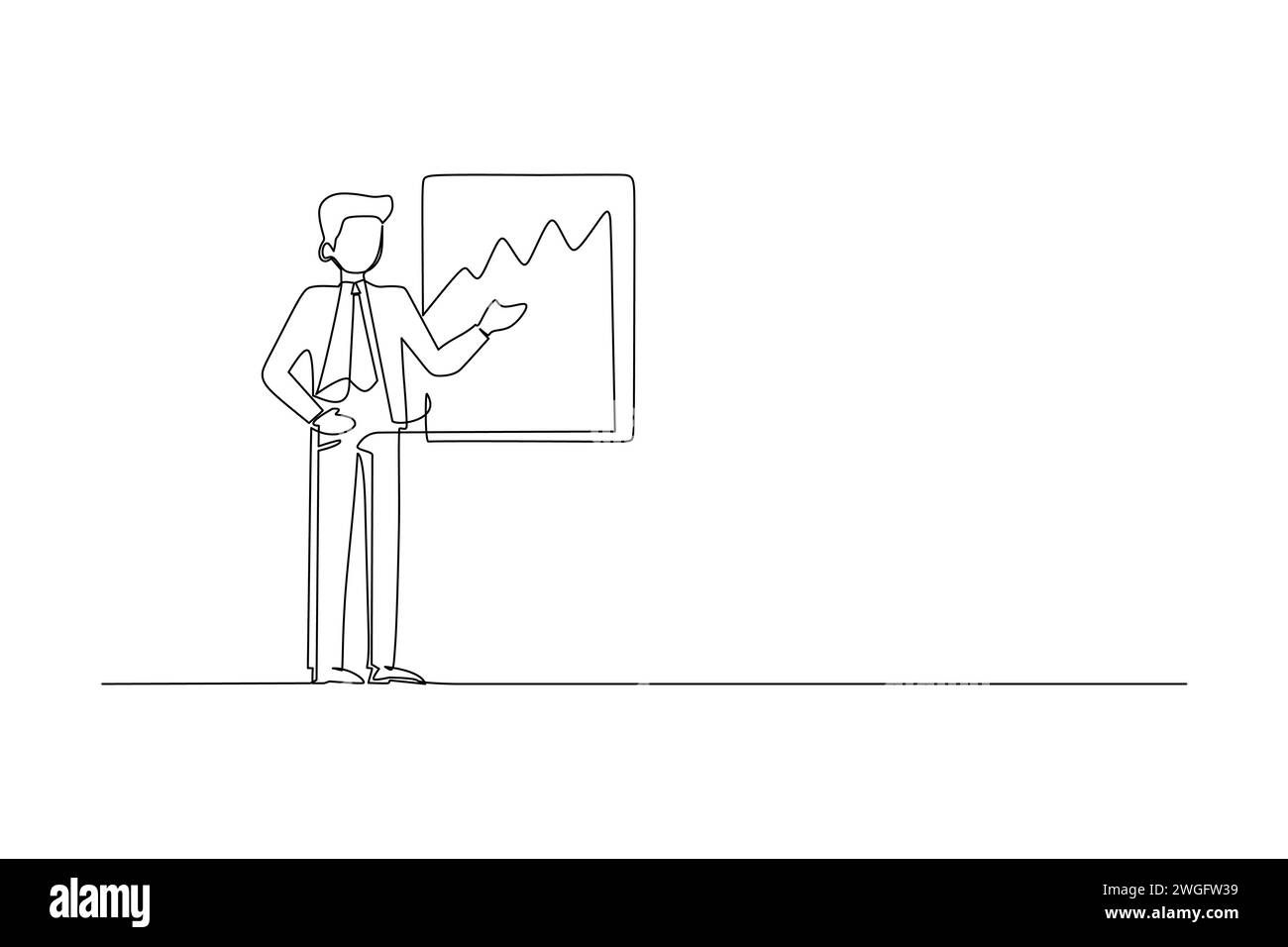 Dessin au trait continu d'un jeune homme d'affaires présentant un rapport de ventes avec un graphique. Réunion d'affaires et concept de présentation un trait Illustration de Vecteur