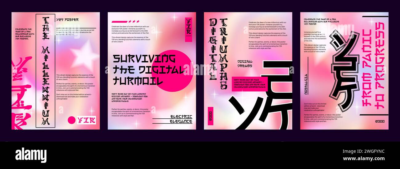 Ensemble de circulaires Y2K Japan Vibe. Illustration réaliste vectorielle de posters rétrowave avec texte hiéroglyphe japonais sur fond dégradé rose élégant, cercle, ligne, décoration en étoile, bannières rétro futuristes Illustration de Vecteur