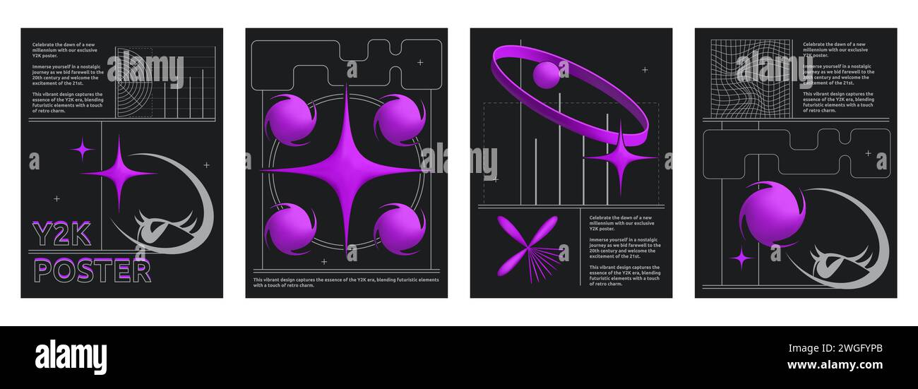 Bannières rétro de style futuriste avec des éléments de conception abstraits. Illustration vectorielle d'affiches esthétiques d'art rétrowave, signes violets et texte sur fond noir, vibe de y2k, modèles de flyer nostalgique Illustration de Vecteur