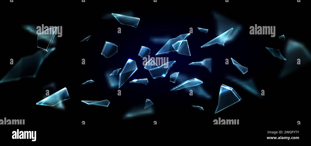 Surface de verre brisée et éclatée volant dans un tas de morceaux tranchants de cristal bleu brisé ou de miroir. Illustration vectorielle réaliste d'un éclat battu transparent écrasé et d'un fragment de glace de tesson. Illustration de Vecteur