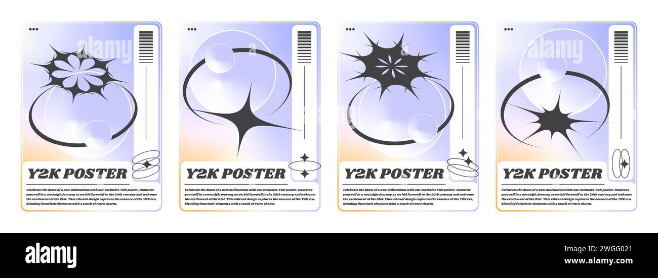Y2K bannières esthétiques avec des signes noirs abstraits sur fond dégradé jaune et bleu. Illustration vectorielle d'affiches de style rétro-onde, d'éléments de conception rétro futuriste et de texte, modèles de flyer Illustration de Vecteur