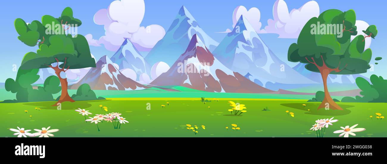 Vallée de montagne d'été avec des fleurs et des arbres. Illustration de bande dessinée vectorielle de champ de printemps vert avec de l'herbe et des buissons, des falaises rocheuses avec glacier, des nuages blancs dans un ciel bleu ensoleillé, de beaux paysages Illustration de Vecteur