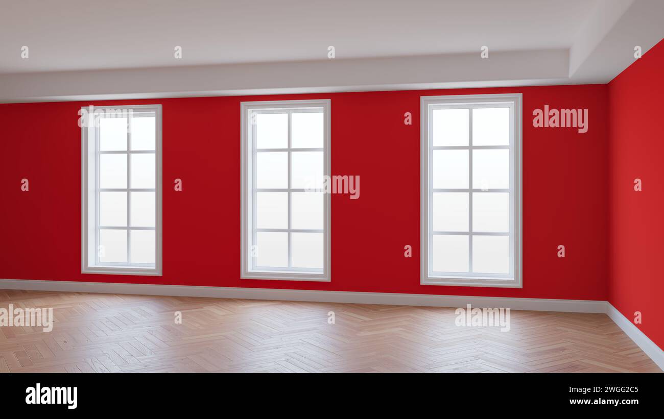 Intérieur avec murs rouges, trois grandes fenêtres, parquet à chevrons brillant clair et socle blanc. Beau concept non meublé de la chambre. 3D. Banque D'Images