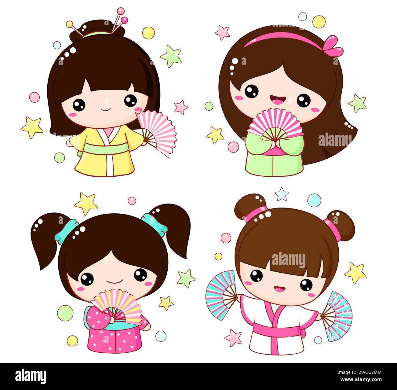 Ensemble de jolies petites filles avec des fans dans le style kawaii. Collection de la saison hanami de la poupée kokeshi traditionnelle japonaise en kimono. Illustration vectorielle E Banque D'Images