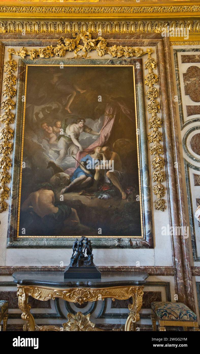 À l'intérieur du château de versailles, en France, peinture de l'époque où Diana vit pour la première fois le jeune berger Endymion dormir à l'abri d'une grotte Banque D'Images