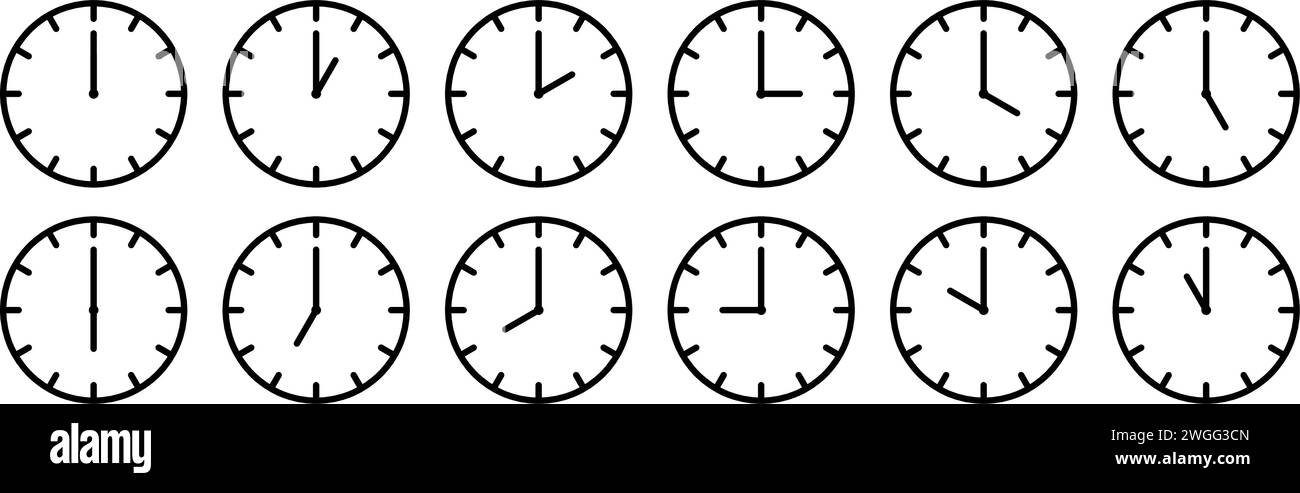 Horloge icône aiguilles. Signe de temps pour chaque heure. Chronomètre, cadrans d'horloge réglés. Soir, matin et midi. Icônes d'heure simples. Illustration vectorielle Illustration de Vecteur