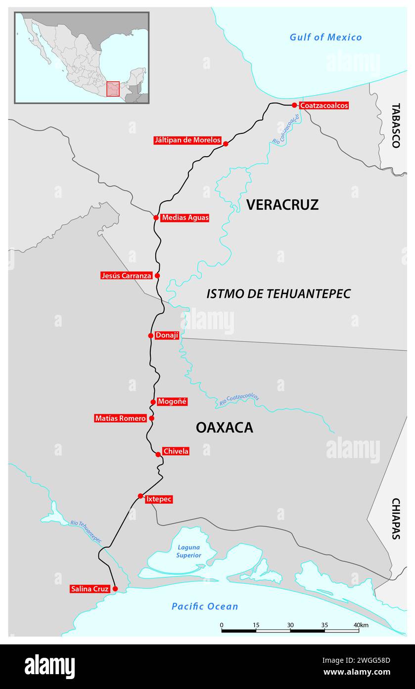 Carte vectorielle de Tehuantepec Railway, Mexique Banque D'Images