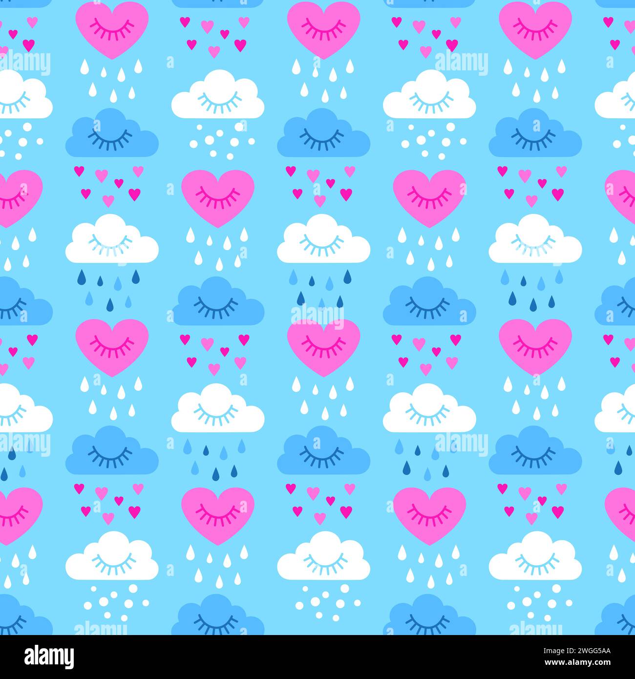 Motif sans couture de Saint-Valentin dans des couleurs pastel, ciel nuageux et pluie de cœurs. Illustration vectorielle dessinée à la main. Illustration de Vecteur