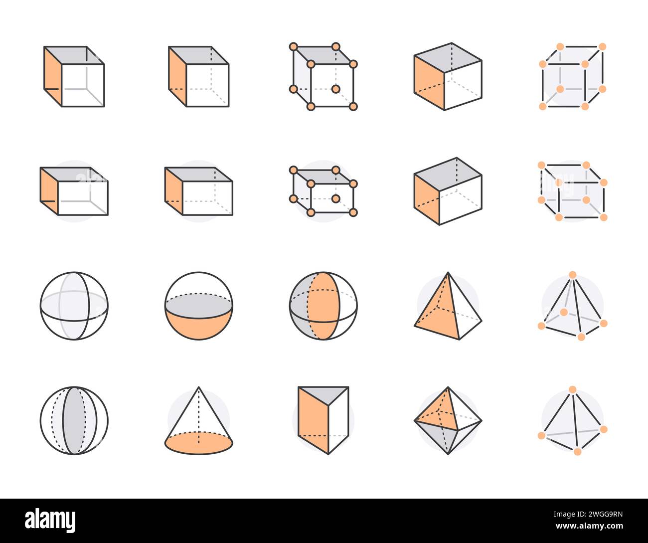 Icônes de lignes plates de formes géométriques définies. Figures abstraites - cube, sphère, cône, illustrations vectorielles de prisme. Signes minces pour l'enseignement de la géométrie, prototype Illustration de Vecteur