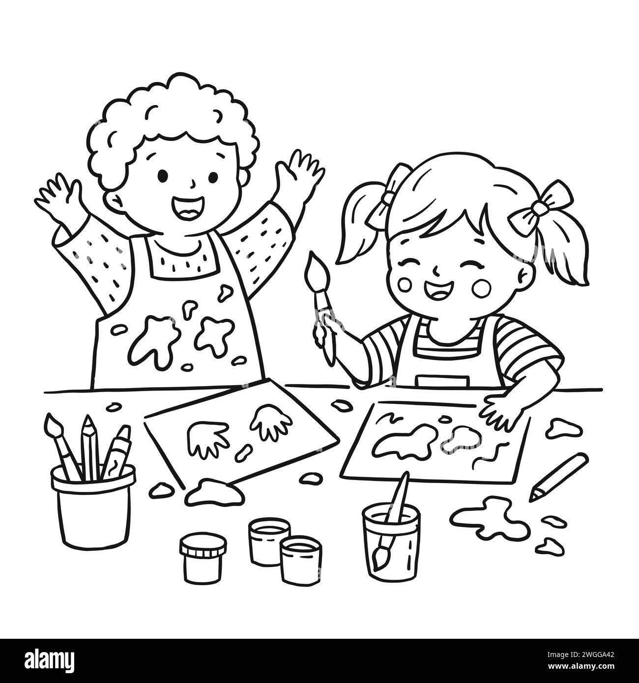 Enfants dessinant à la maternelle illustration dans le style doodle de dessin animé. Mignon tout-petits souriant garçon et fille faisant du désordre avec des peintures. Page de livre de coloriage noir Illustration de Vecteur