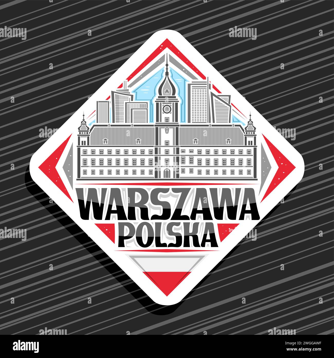 Logo vectoriel pour Warszawa, signe routier en loszawa blanc avec illustration en ligne du paysage historique de la ville européenne de warszawa sur fond de ciel de jour, décoratif re Illustration de Vecteur