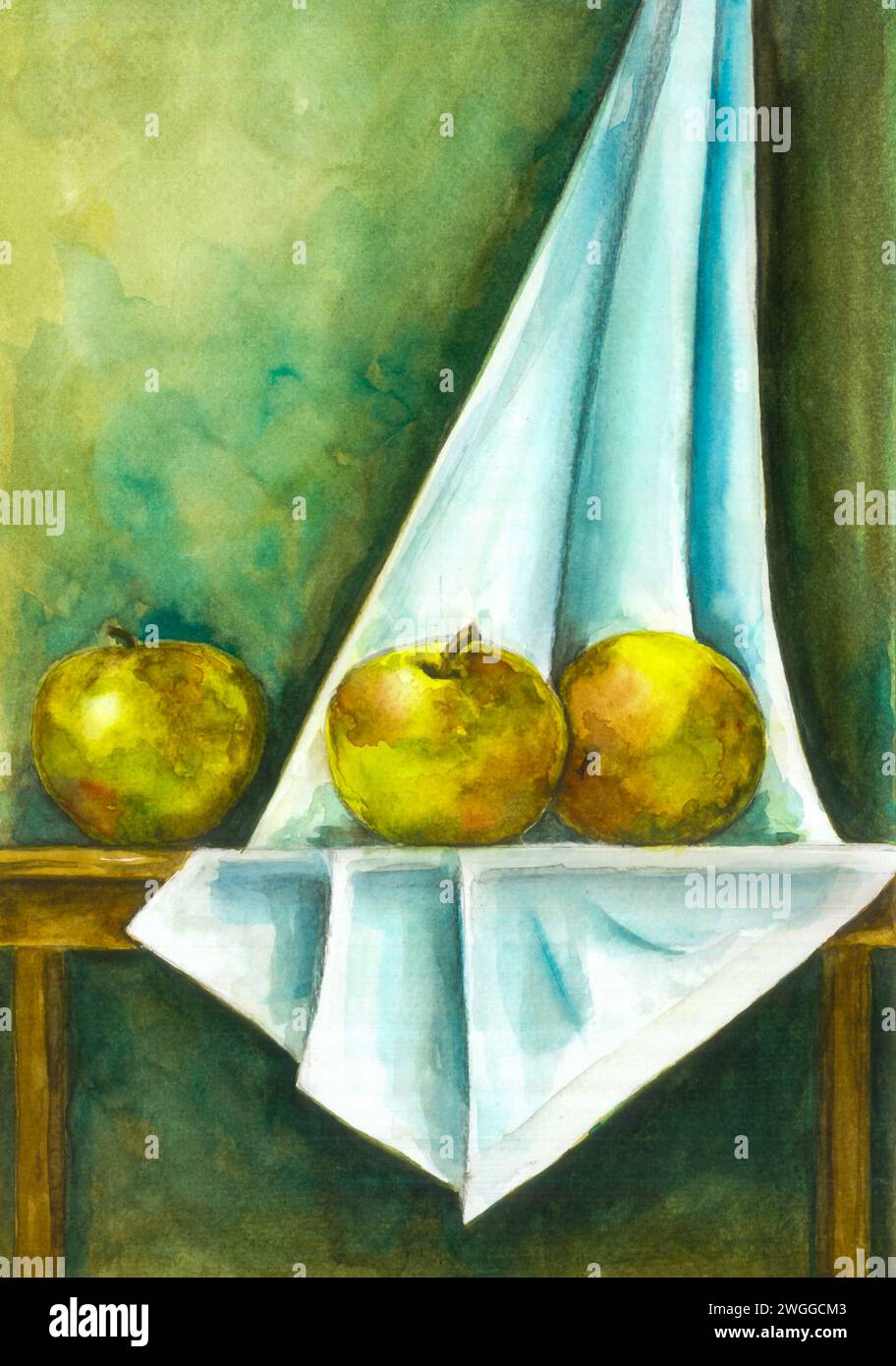 Pommes jaunes. Nature morte à l'aquarelle. Banque D'Images