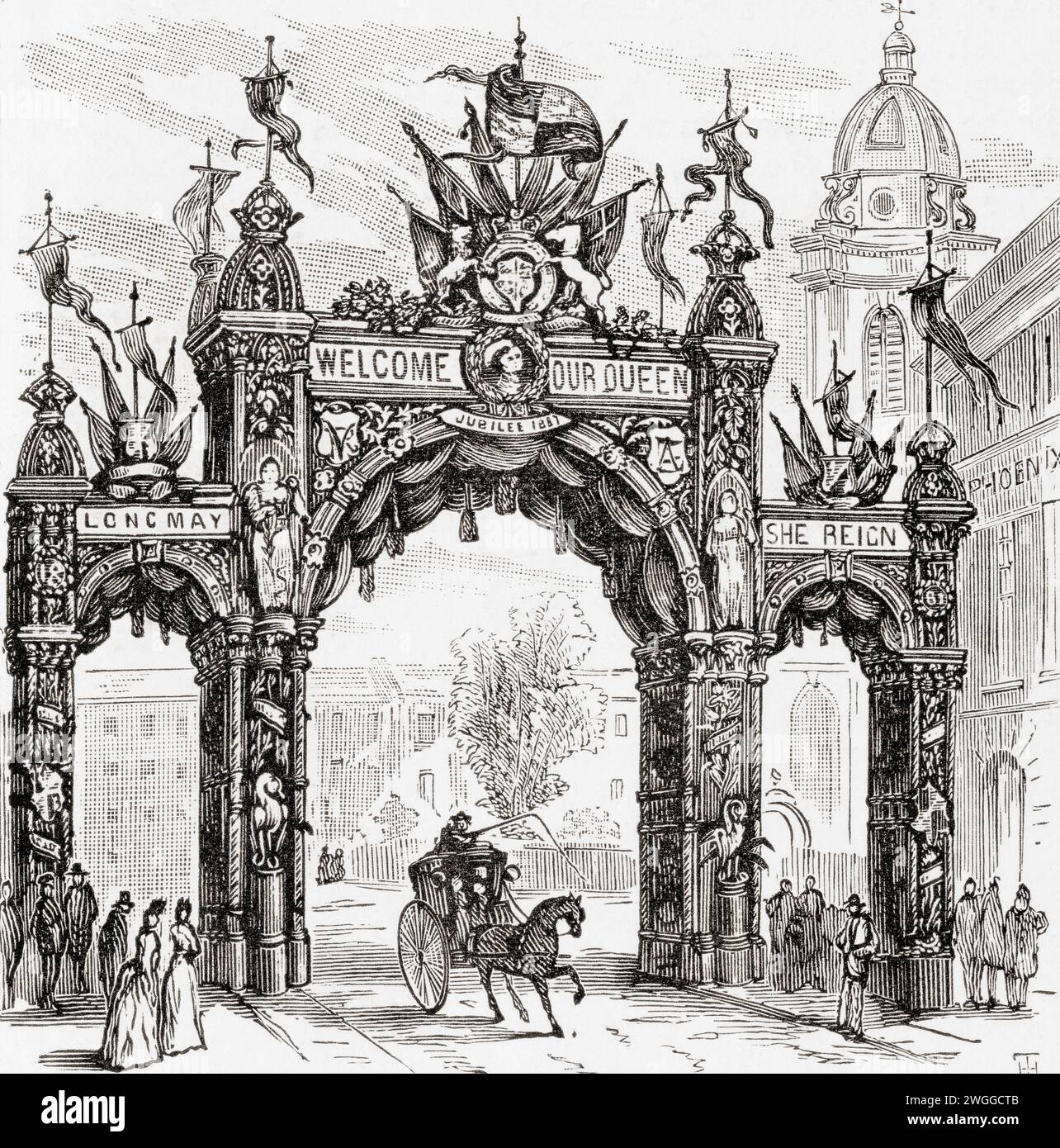 The Metal Workers' Arch sur Colmore Row, Birmingham, West Midlands, Angleterre. L'arche a été érigée à travers Colmore Row pour marquer la visite de la reine Victoria à Birmingham le 23 mars 1887, l'année du Jubilé d'Or. Tiré du London Illustrated News, publié le 26 mars 1887. Banque D'Images