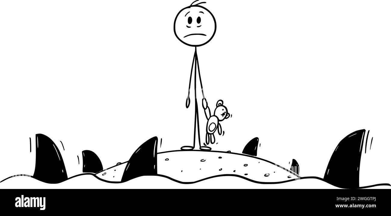 Enfant seul sur l'île divisée par Sea of Sharks, illustration de la figure de dessin animé vectoriel Illustration de Vecteur