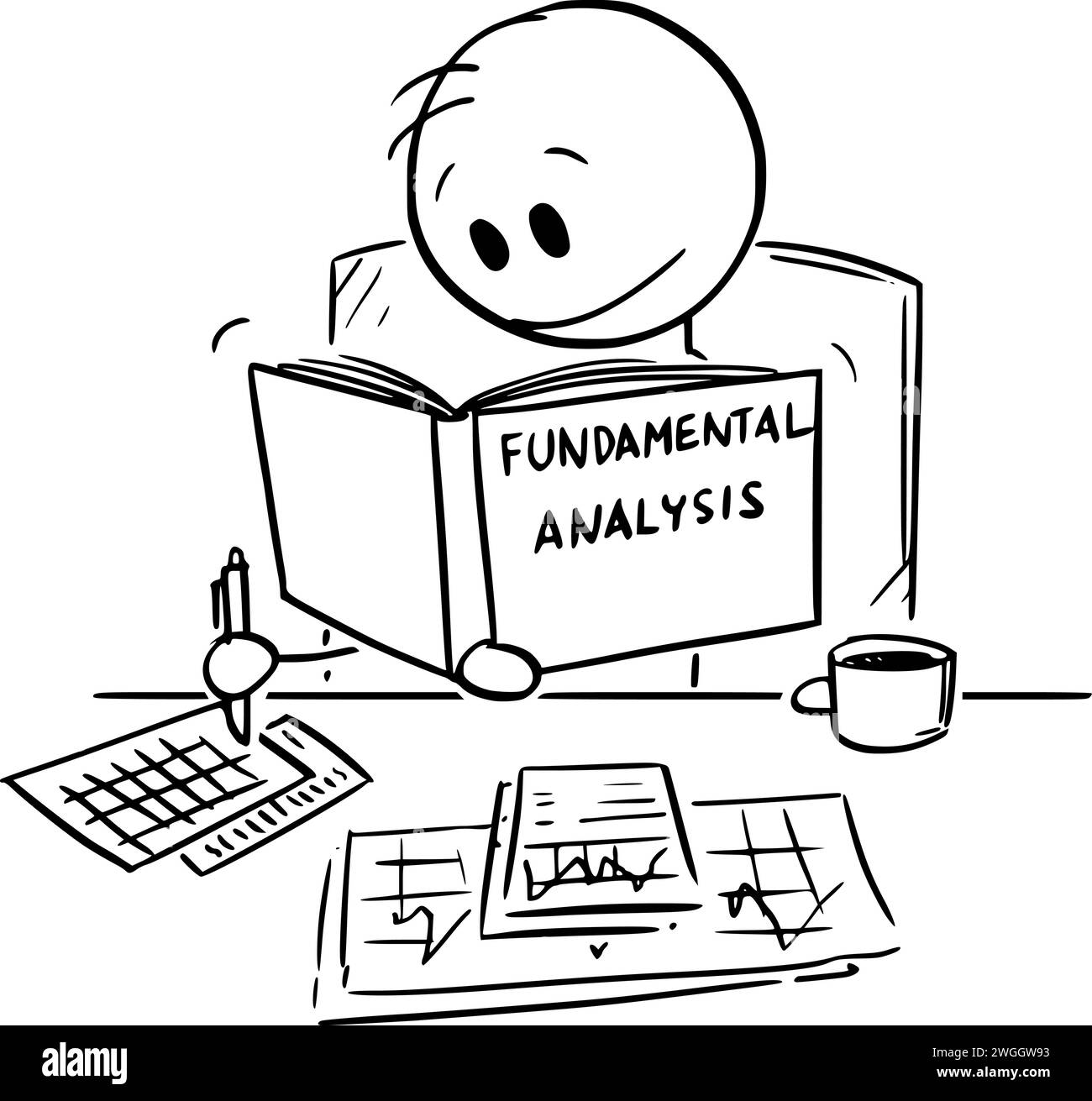 Investisseur faisant l'analyse de la valeur de la société de marché boursier, illustration de la figure de dessin animé vectoriel Illustration de Vecteur