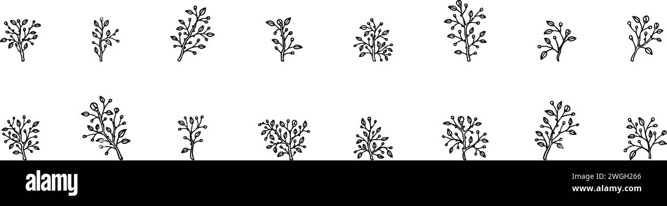 Ensemble de branches de contour de floraison printanière. Icônes minimalistes de plantes à fleurs dessinées à la main en noir et blanc. Élément de design moderne minimal pour les cartes de voeux, WED Illustration de Vecteur