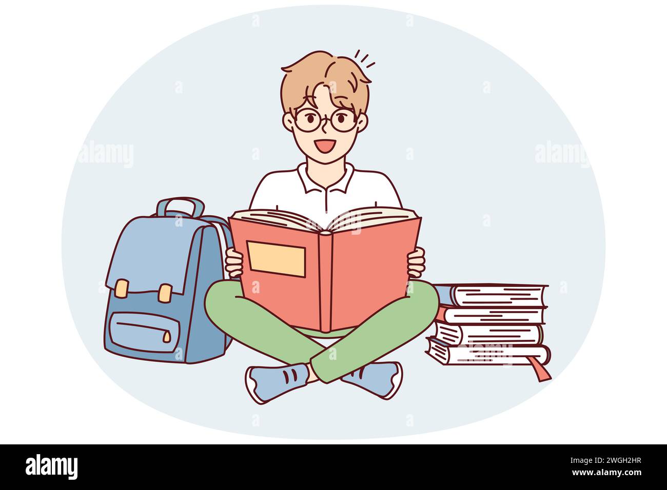 Un écolier positif est assis à pieds croisés sur le sol, près du sac à dos et des piles de manuels scolaires se préparent pour les leçons. Ravi garçon en lunettes regarde la caméra tout en lisant la littérature. Conception à vecteur plat Illustration de Vecteur