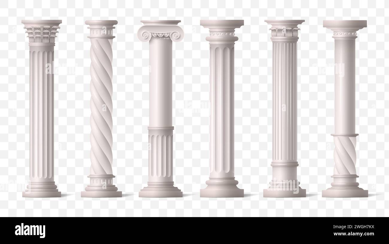 Colonnes romaines. Piliers ioniques verts de la Grèce antique ou temple d'architecture de Rome, cadre en arc blanc ou piédestal. Colonnade antique classique avec pierre sculptée. Ensemble vectoriel D'ELEMENTS D'architecture ISOLES Illustration de Vecteur