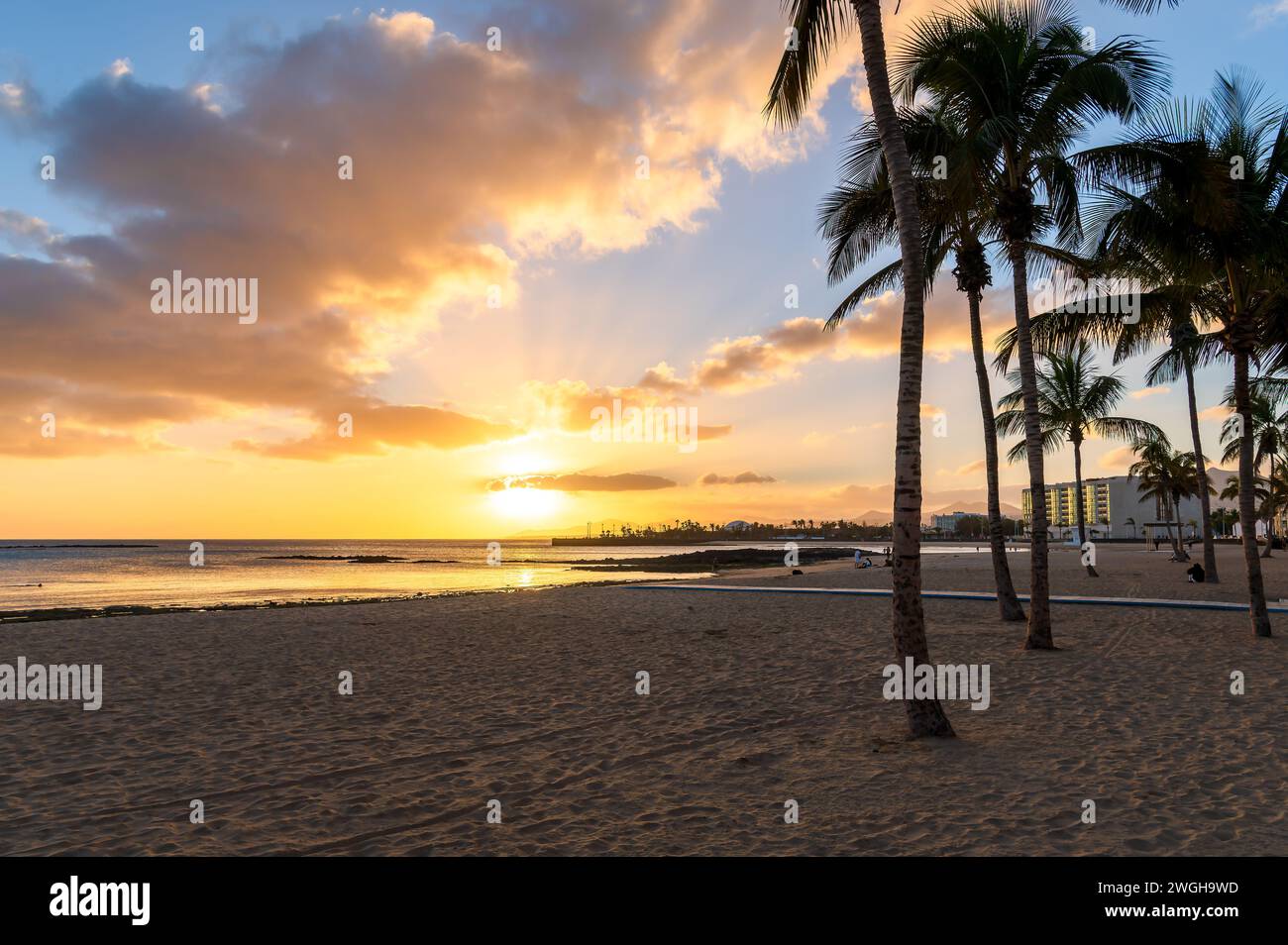 Plongez dans la beauté tranquille de Playa del Reducto, Arrecife - une oasis de sable doré avec une mer calme, parfait pour le plaisir en famille et les promenades au coucher du soleil à Lanza Banque D'Images