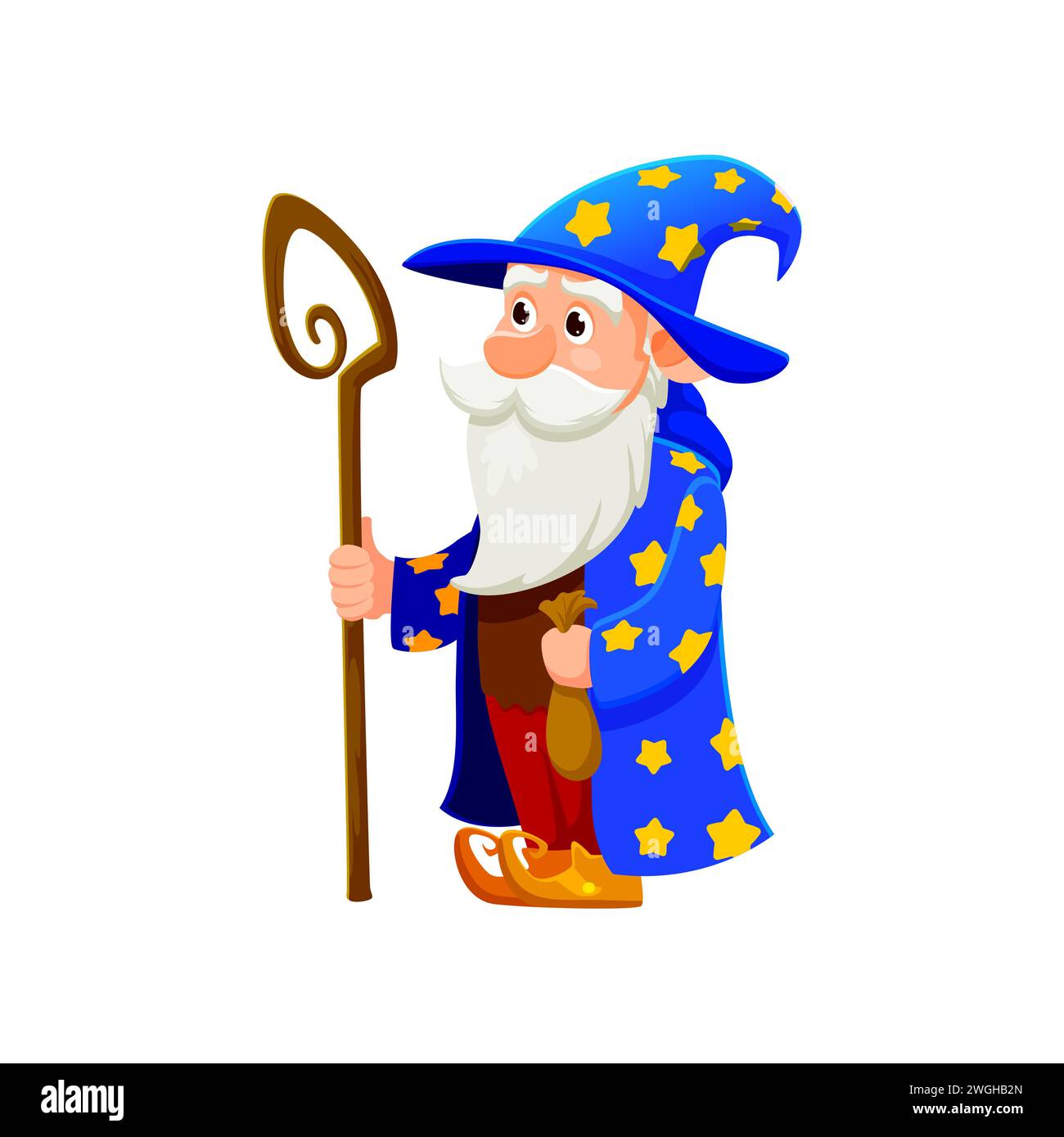 Gnome de dessin animé ou astrologue nain ou personnage de sorcier. Personnage fantaisiste vectoriel isolé avec une longue barbe, un chapeau pointu, une robe céleste et un personnel mystique, jetant des sorts magiques et des merveilles de conte de fées Illustration de Vecteur