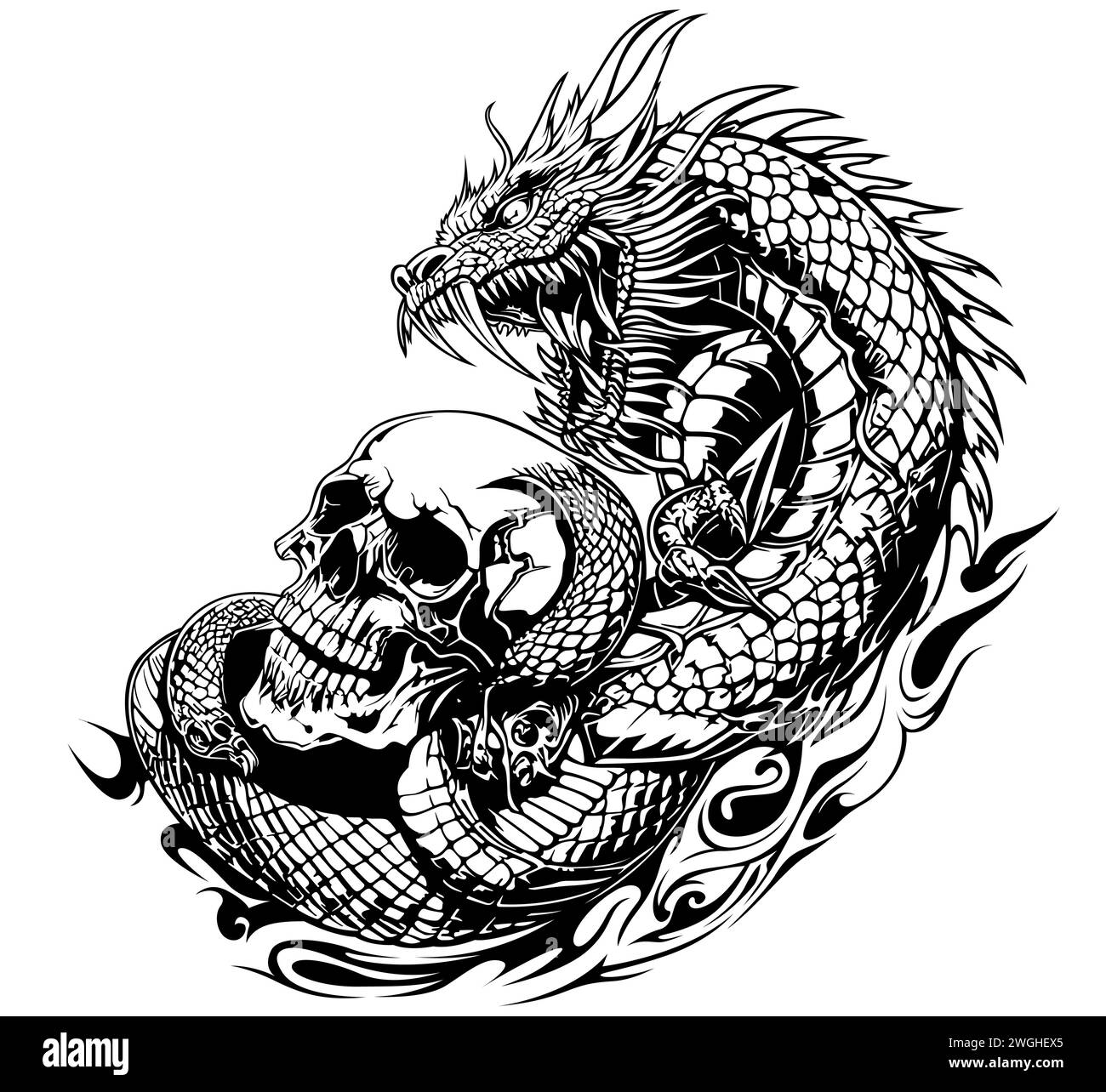 Dessin d'un dragon enroulé autour d'un crâne humain Illustration de Vecteur