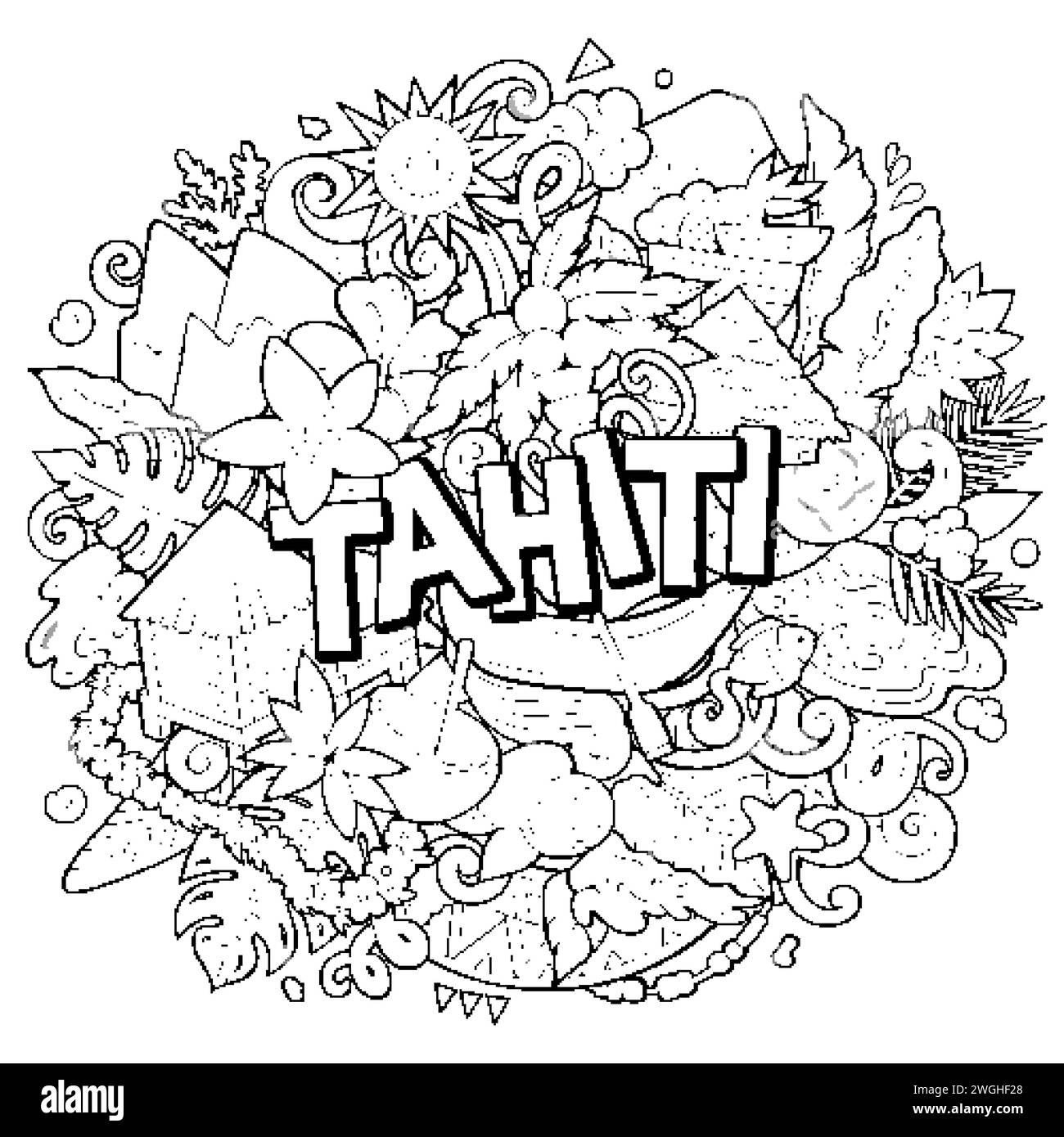 Tahiti dessin à la main dessin animé illustration doodle. Fond de vecteur amusant créatif. Texte manuscrit avec éléments et objets. Composition de dessin au trait Illustration de Vecteur