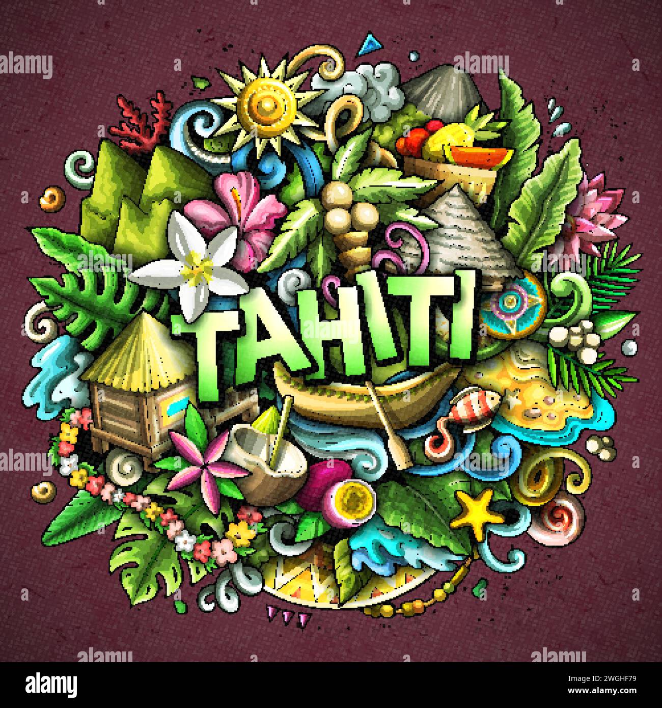 Tahiti dessin à la main dessin animé illustration doodle. Fond de vecteur amusant créatif. Texte manuscrit avec éléments et objets. Composition colorée Illustration de Vecteur