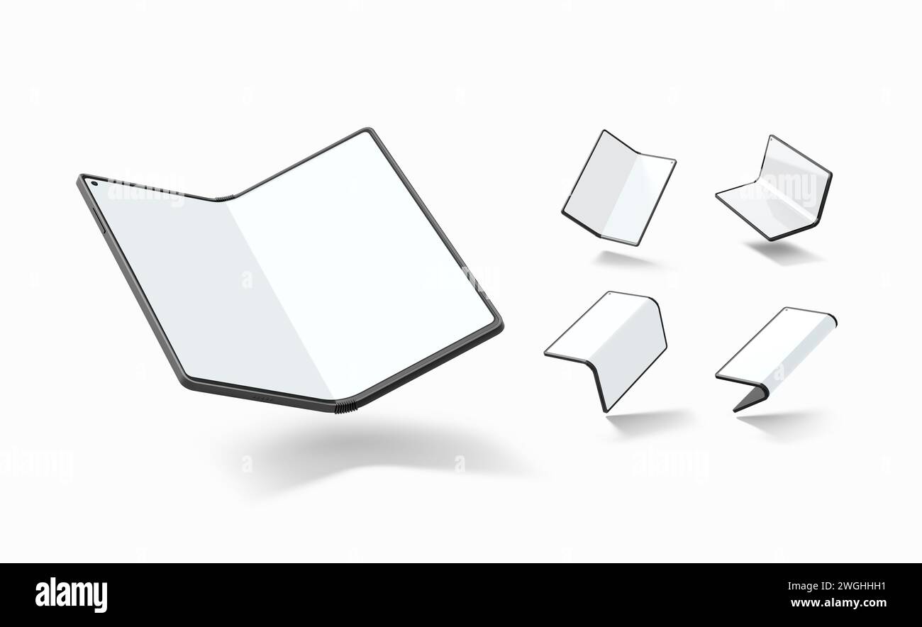 Maquette blanche blanche d'affichage de téléphone de livre flexible, différentes vues, rendu 3D. Maquette de smartphone à écran tactile numérique vide, isolée. Transparent Flex trans Banque D'Images