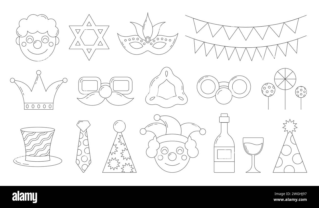 Ensemble d'éléments festifs de carnaval Pourim en ligne. Accessoires de vacances mignons. Illustration vectorielle Illustration de Vecteur