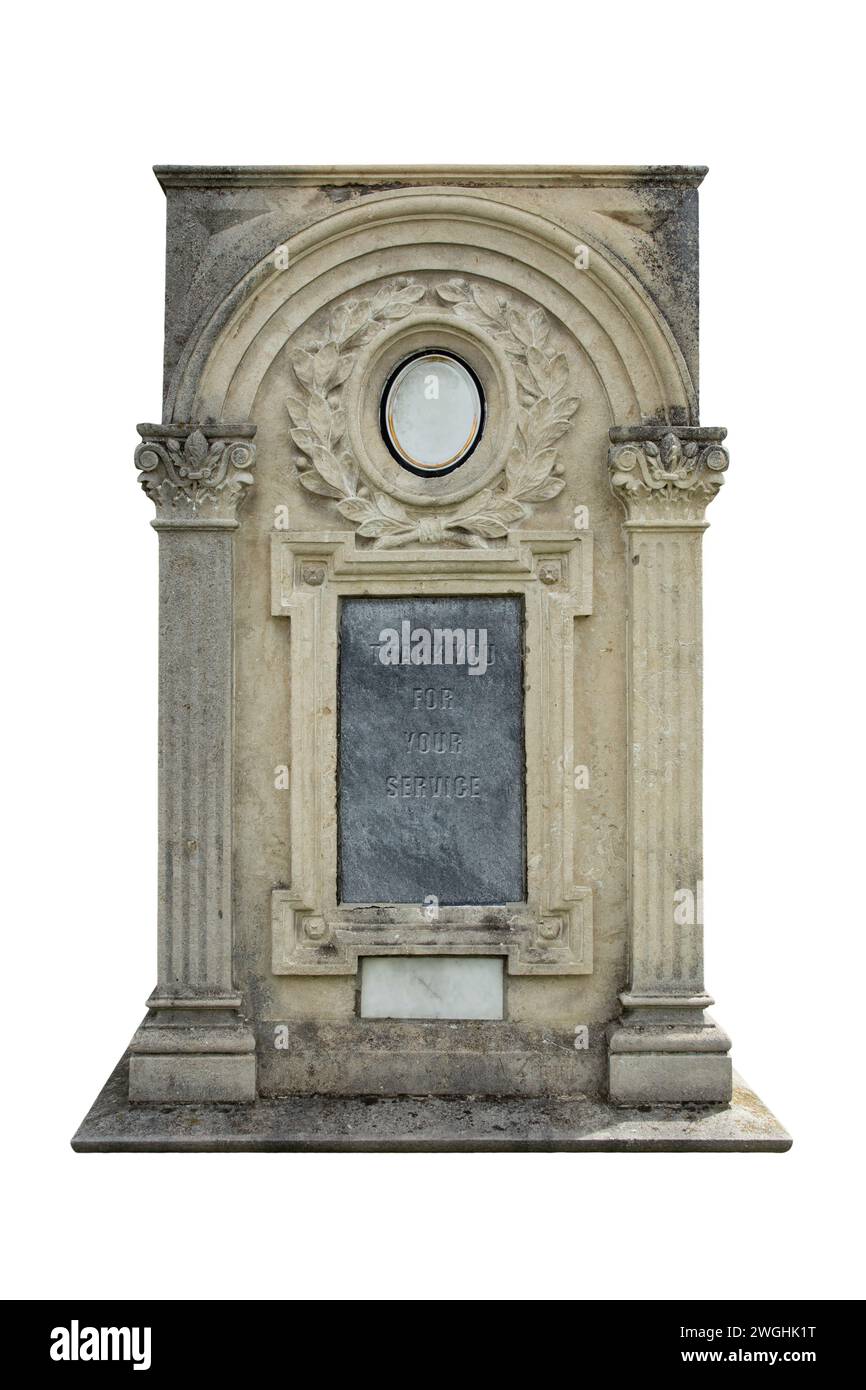Monument mortuaire avec Merci pour vos mots de service sculptés dans la pierre, isolés sur blanc Banque D'Images