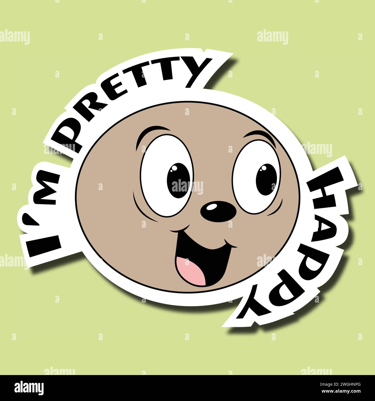 Autocollant avec un drôle de visage de dessin animé et l'inscription : je suis assez heureux. Autocollant pour enfants. Autocollant emoji Illustration de Vecteur