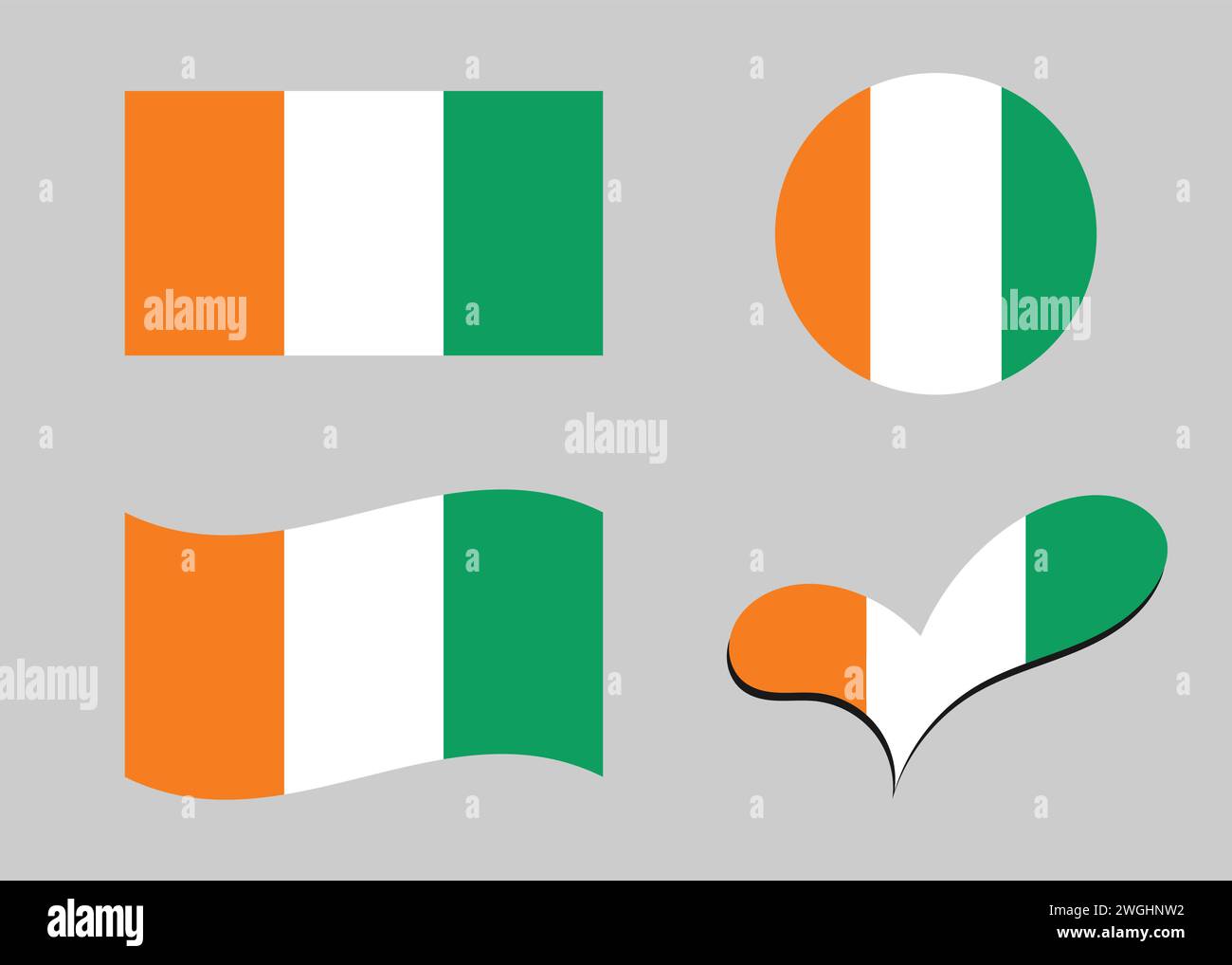 Drapeau de Côte d'Ivoire. Drapeau de Côte d'Ivoire en forme de coeur. Drapeau de Côte d'Ivoire en forme de cercle. Variations de drapeau de pays Illustration de Vecteur