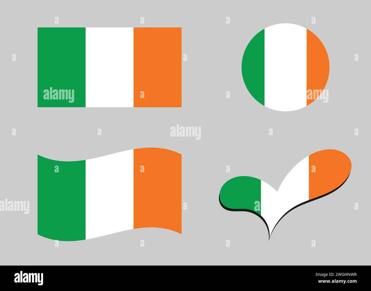 Drapeau de l'Irlande. Drapeau de l'Irlande en forme de coeur. Drapeau de l'Irlande en forme de cercle. Variations de drapeau de pays Illustration de Vecteur