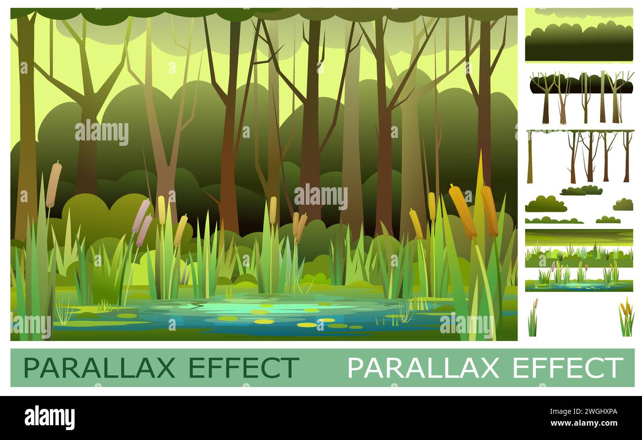 Marais dans la forêt. Jeu de diapositives pour effet parallaxe. Style de dessin animé drôle. Vecteur d'image Illustration de Vecteur